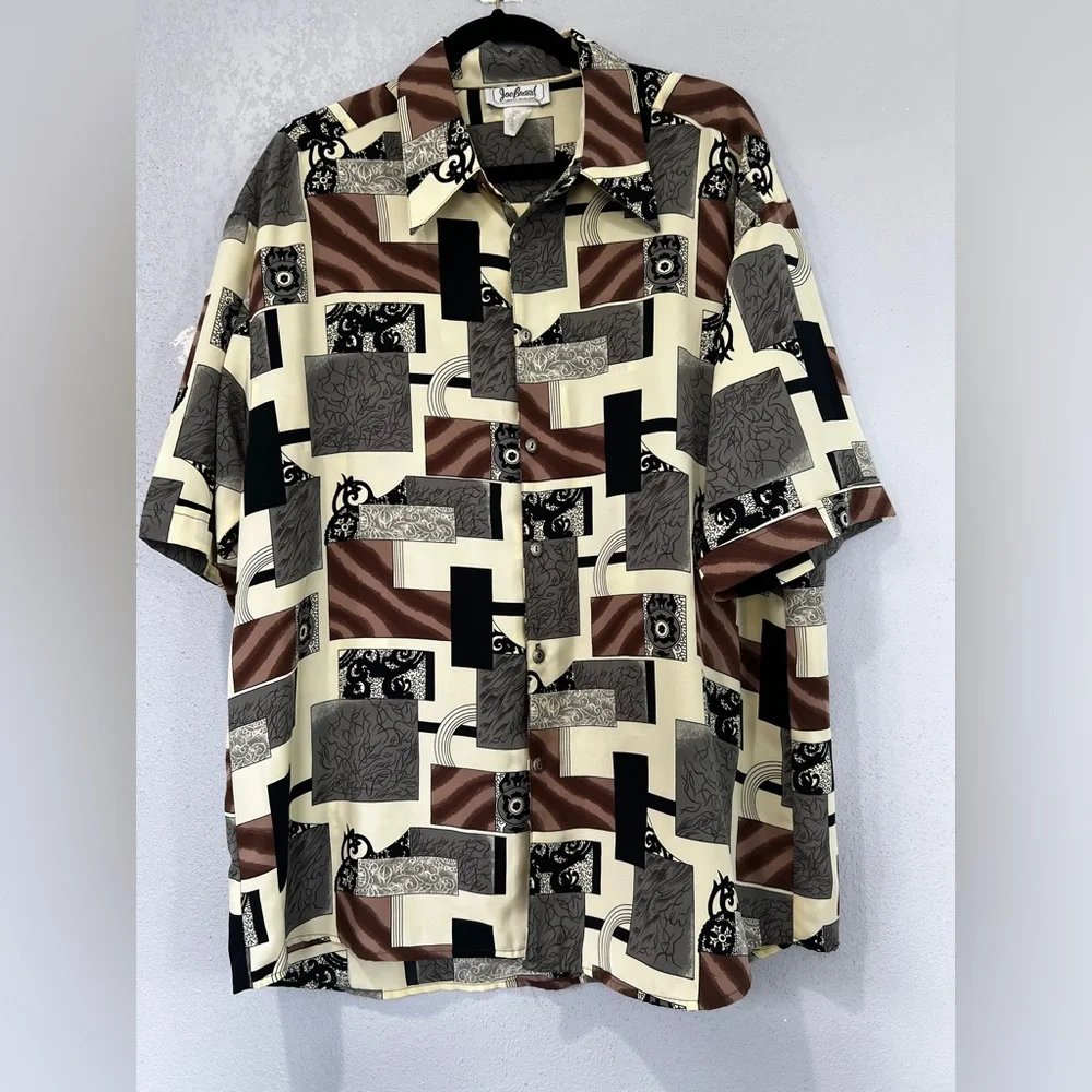 Joe Brand Men’s Vintage Pop Art Short Sleeve Shirt, Black/Brown/Cream, Size XL - Picture 1 of 10